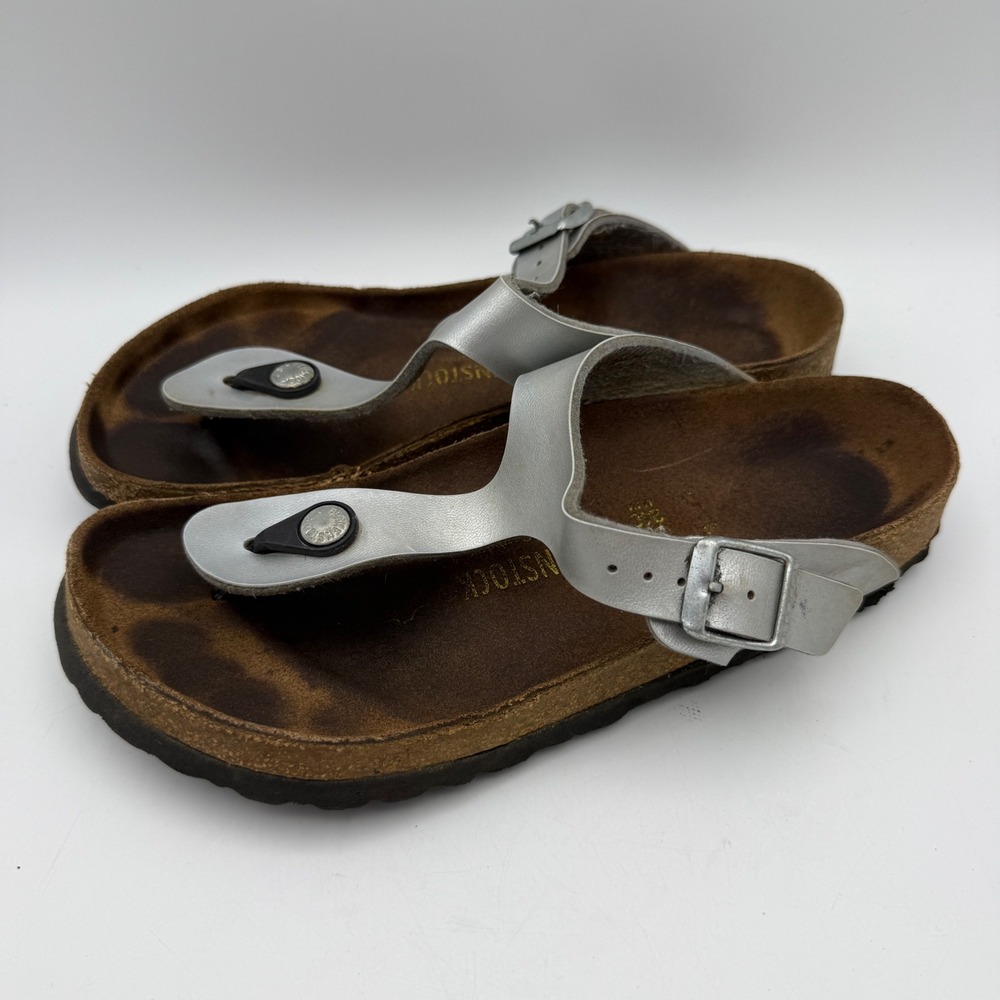 Birkenstock Gizeh Sandals Womens 37 US 6 Silver Metallic Thong Cork Footbed